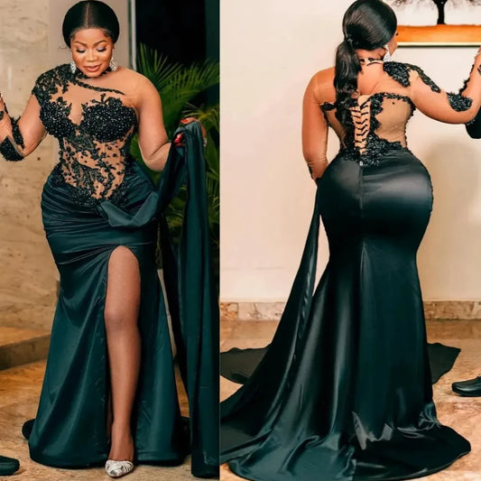 2025 Plus Size Prom Dresses for Black Women Illusion Evening Gown Long Sleeves High Neck Appliqued Beaded Lace Formal Dress