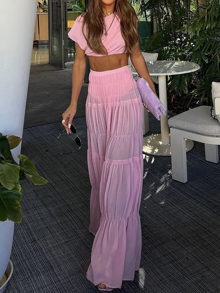 Summer Sexy Women Beach Skirt Two Piece Set Pink Slim Short Tops And Skirt Matching Suit Femme Party Club Skirt Outfit 2PCS Sets