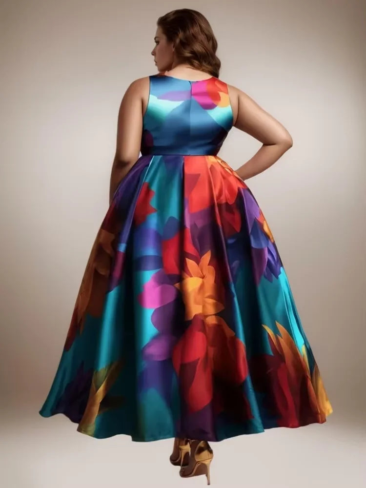Plus Size Women Floral Printing Dress Sleeveless Round Neck Satin A-line Female Elegant Fashion Summer Dresses 2025