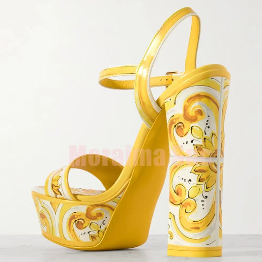Luxury Printed Platform Sandals Round Open Toe Block High Heeled Ankle Buckle Strap Sexy Fashion Women's Summer Shoes Banquet