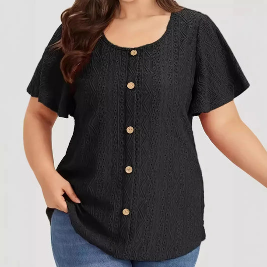 Plus Size Summer Women T Shirt Elegant Casual Solid Short Sleeve Shirts Ladies Hollow Loose Button Big Size Black White Tops 5XL