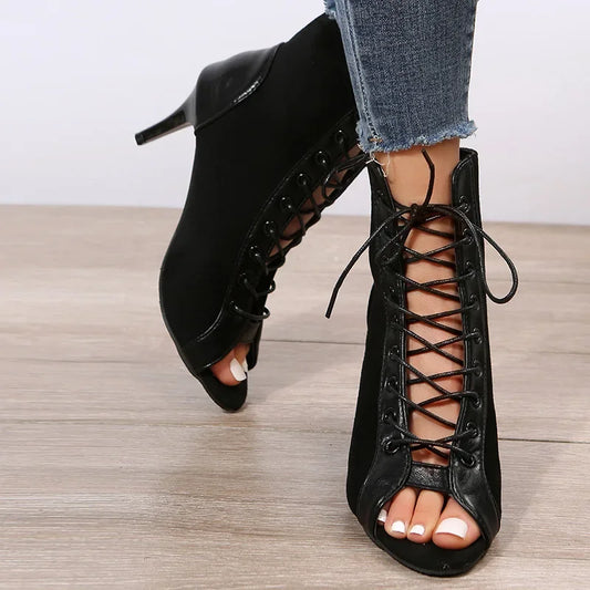 Hollow Mesh Lace-Up High Heel Boots