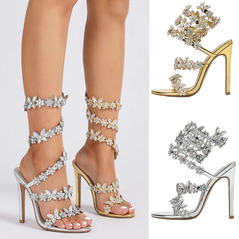 Eilyken Summer Designer Butterfly-knot Crystal Sandals Sexy Peep Toe Thin Heel Wedding Party Back Strap Shoes Zapatos Mujer