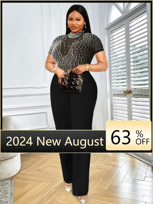 Customized Elegant Jumpsuits & Rompers for Women O Nec Short Sleeve Beaded High Waisted Luxury Female Birthday Dinner Party Over