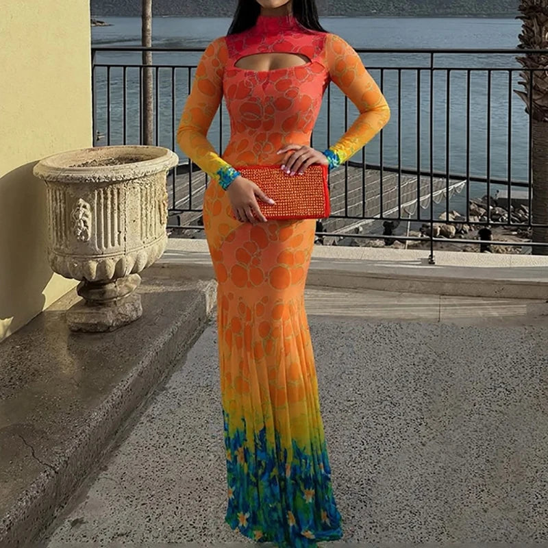 Fashion Hollow Out Long Sleeve Fishtail Dress Elegant Bodycon Printed Vacation Dress Autumn New Slim Pleated Wrap Hip Dress Lady