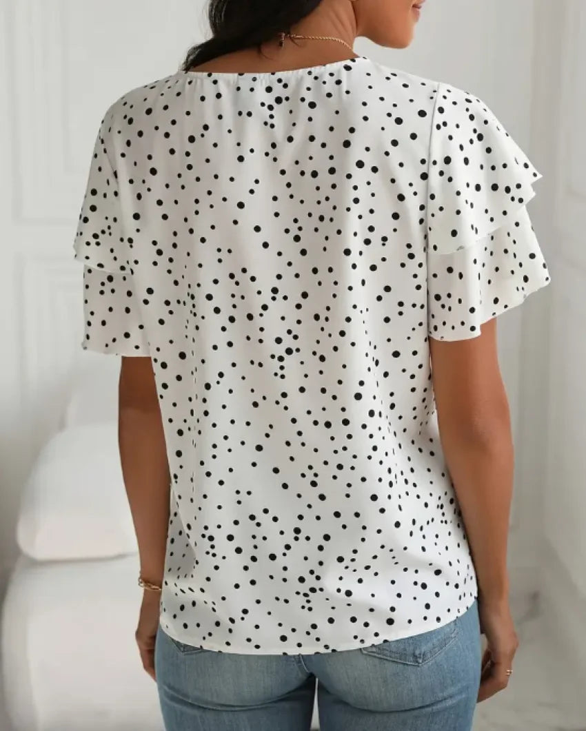 Plus size summer women's printed polka dot lotus leaf sleeve comfortable casual versatile T-shirt