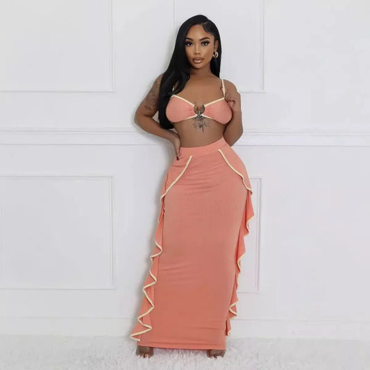 Spaghetti Strap Top Ruffle Skirt 2 Piece Set