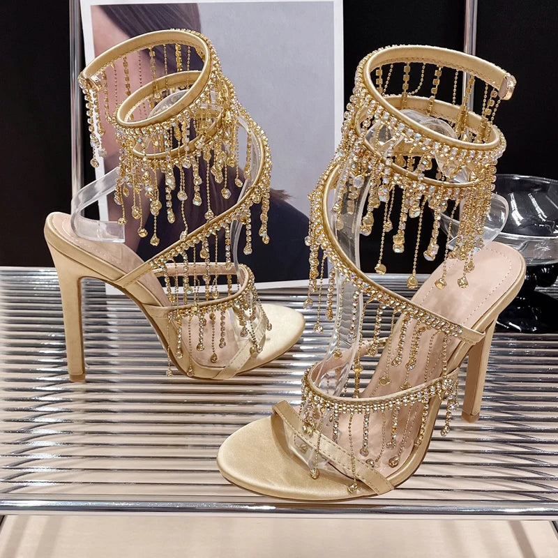 Aneikeh 2026 Fashion Sexy Rhinestone String Bead Ankle Strap High Heels Women Summer Silk Round Toe Open Toe Sandals Party Dress