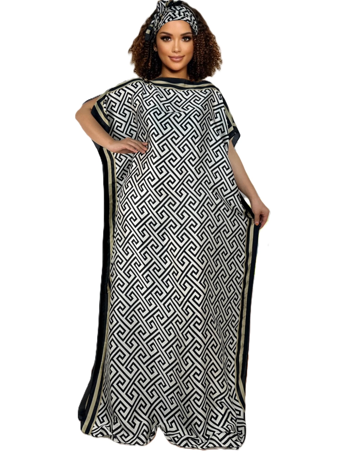 Elegant Women's Plus Size Party Wear Loose Fit Flowy Maxi Dress for Casual or Formal Occasions with Headscarf
