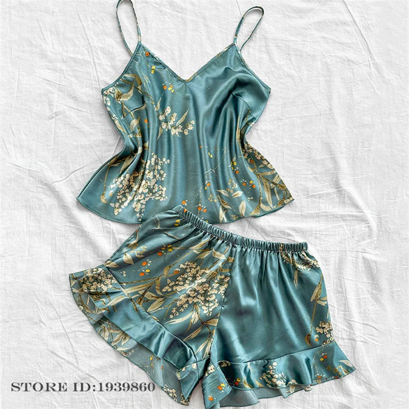 Plus Size 3XL 4XL 5XL Pajamas 2Pcs Set Sexy Strap Top&shorts Pijamas Suit Lingerie Summer Satin Sleepwear Print Flower Homewear