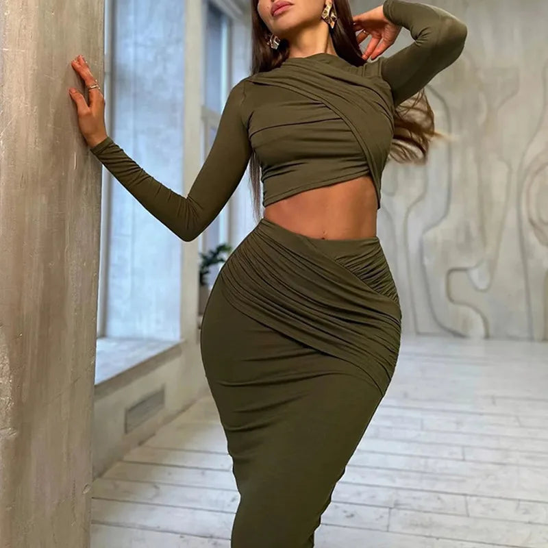 SsTss Sexy Two Pieces Set for Women Spring Summer Solid Ruched Long Sleeve Crop Top and High Waist Long Bodycon Skirt Suits