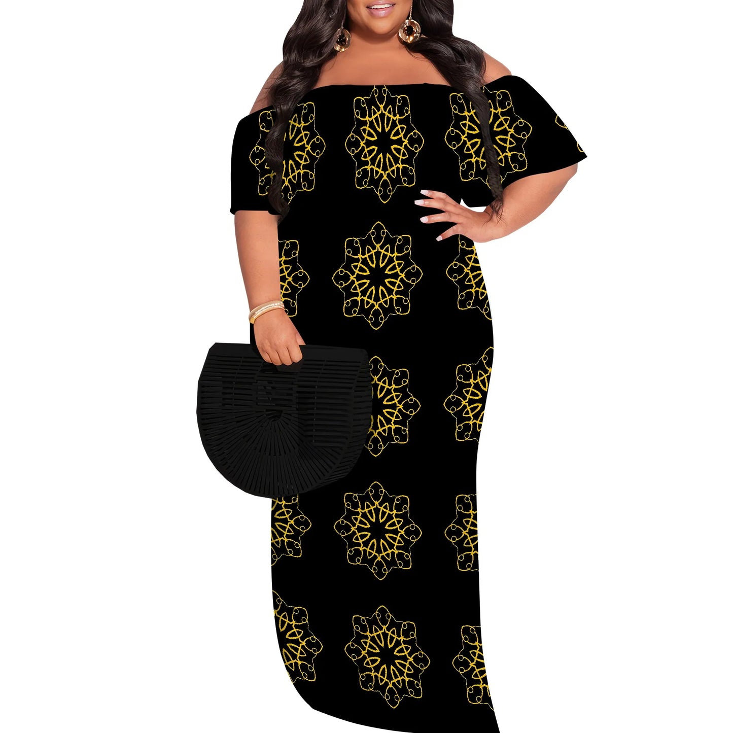 Plus Size Elegant Off Shoulder Dress for Women African Inspired Pattern Long Evening Gown