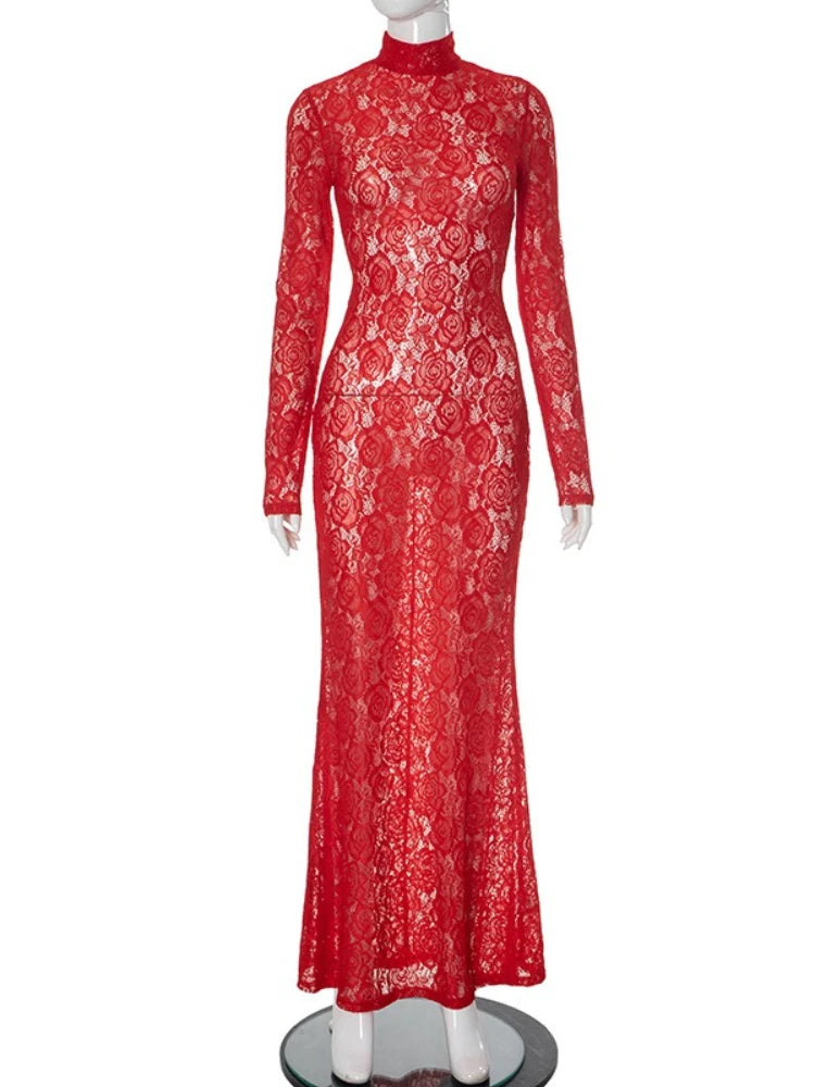 Fashion Sexy Long Sleeve Hollow Out Lace Long Dress for Women Elegant See-through Bodycon Wedding Party Dresses Evening Gown