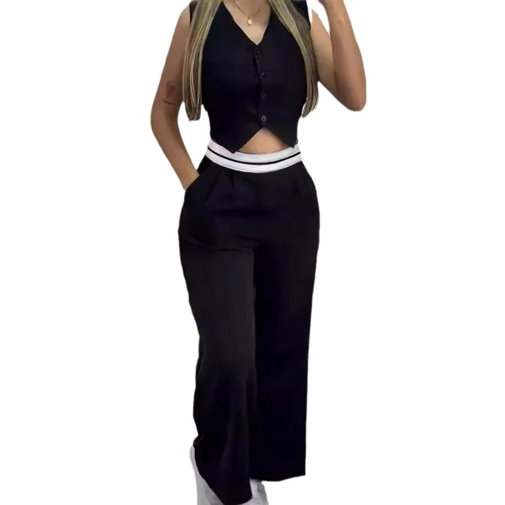 Elegant Two Piece Sets For Women 2025 Summer Buttoned Vest Top & Pocket Decor High Waist Wide Straight Leg Pants Set Streetwear