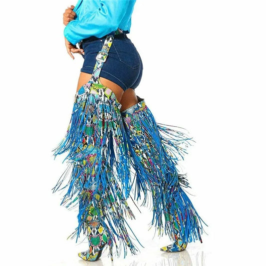 Snakeskin Thigh Long Tassel High Heel Boots